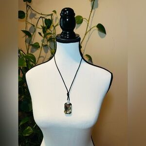 Large Rectangle With Silver Pendant Black Cord Necklace